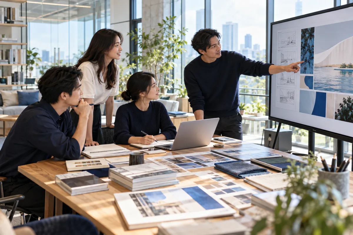 AI 生成的四人创意协作场景示意,不代表 YW Ads 真实员工或办公环境