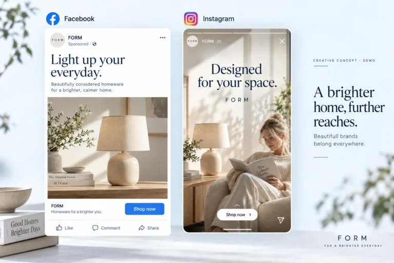 Facebook信息流与Instagram Stories家居品牌广告创意示例，AI生成的虚拟示意