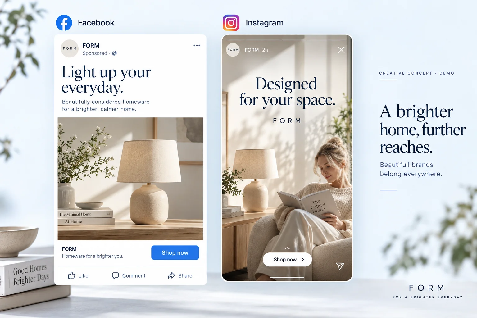 Facebook信息流与Instagram Stories家居品牌广告创意示例,AI生成的虚拟示意