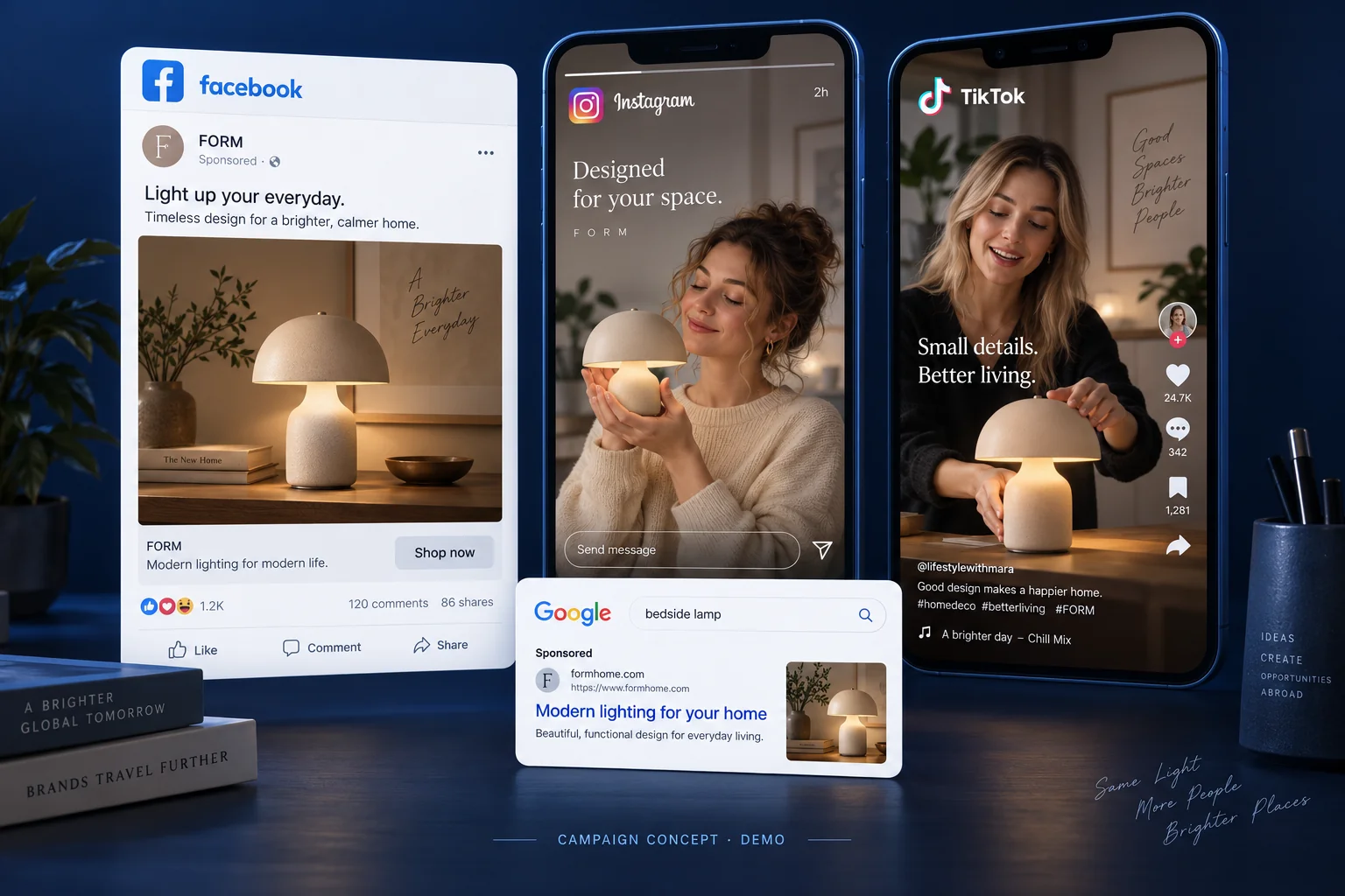 Facebook信息流、Instagram Stories、TikTok短视频和Google搜索广告创意的虚拟方案演示