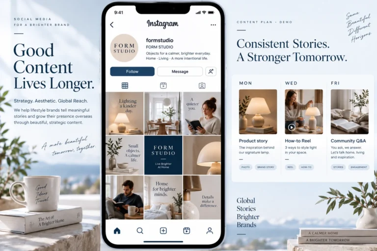 Instagram九宫格与产品故事、短视频、社群互动内容日历示例，AI生成的虚拟示意